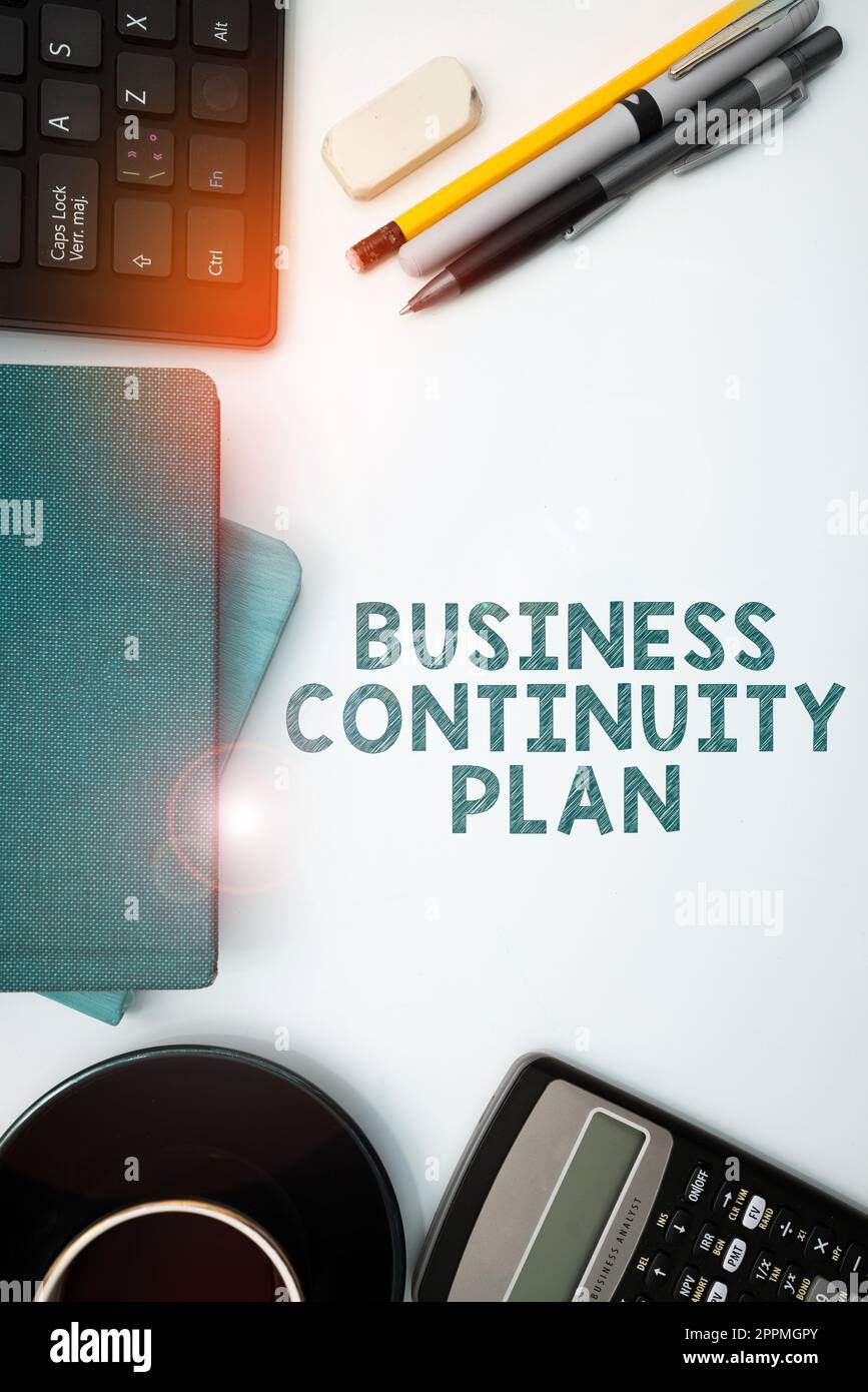Testo che mostra Inspiration Business Continuity Plan. Panoramica aziendale creazione di sistemi di prevenzione affrontare potenziali minacce Foto Stock
