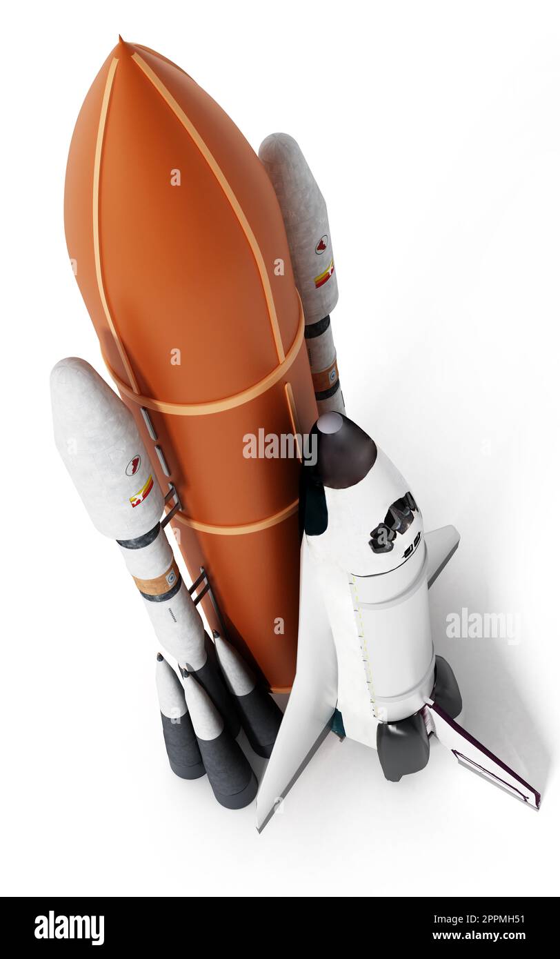 Lancio della navetta spaziale per il trasporto di razzi. Illustrazione 3D Foto Stock