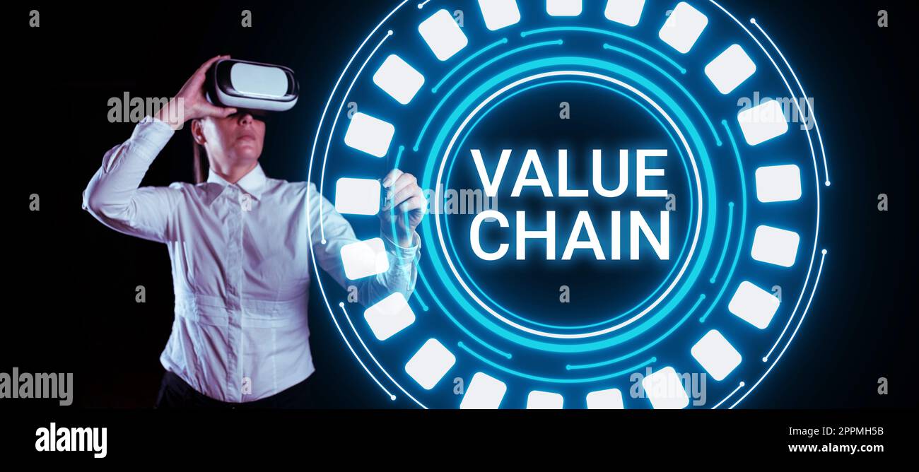 Catena del valore del testo di scrittura a mano. Internet Concept Business Manufacturing Process analisi di sviluppo industriale Foto Stock