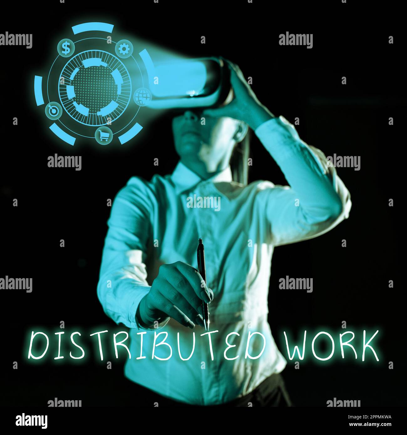 Scrittura a mano testo distribuito lavoro. Concetto di Internet praticato dalle imprese che utilizzano le strutture di rete Foto Stock