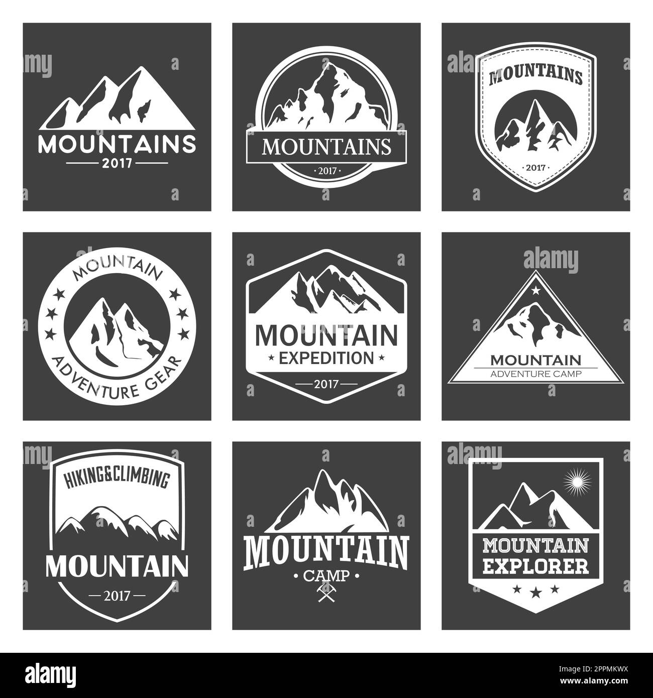 Set di logo per viaggi in montagna e avventure all'aperto. Etichette o icone per escursioni e arrampicate per organizzazioni turistiche, eventi, campeggio tempo libero. Foto Stock