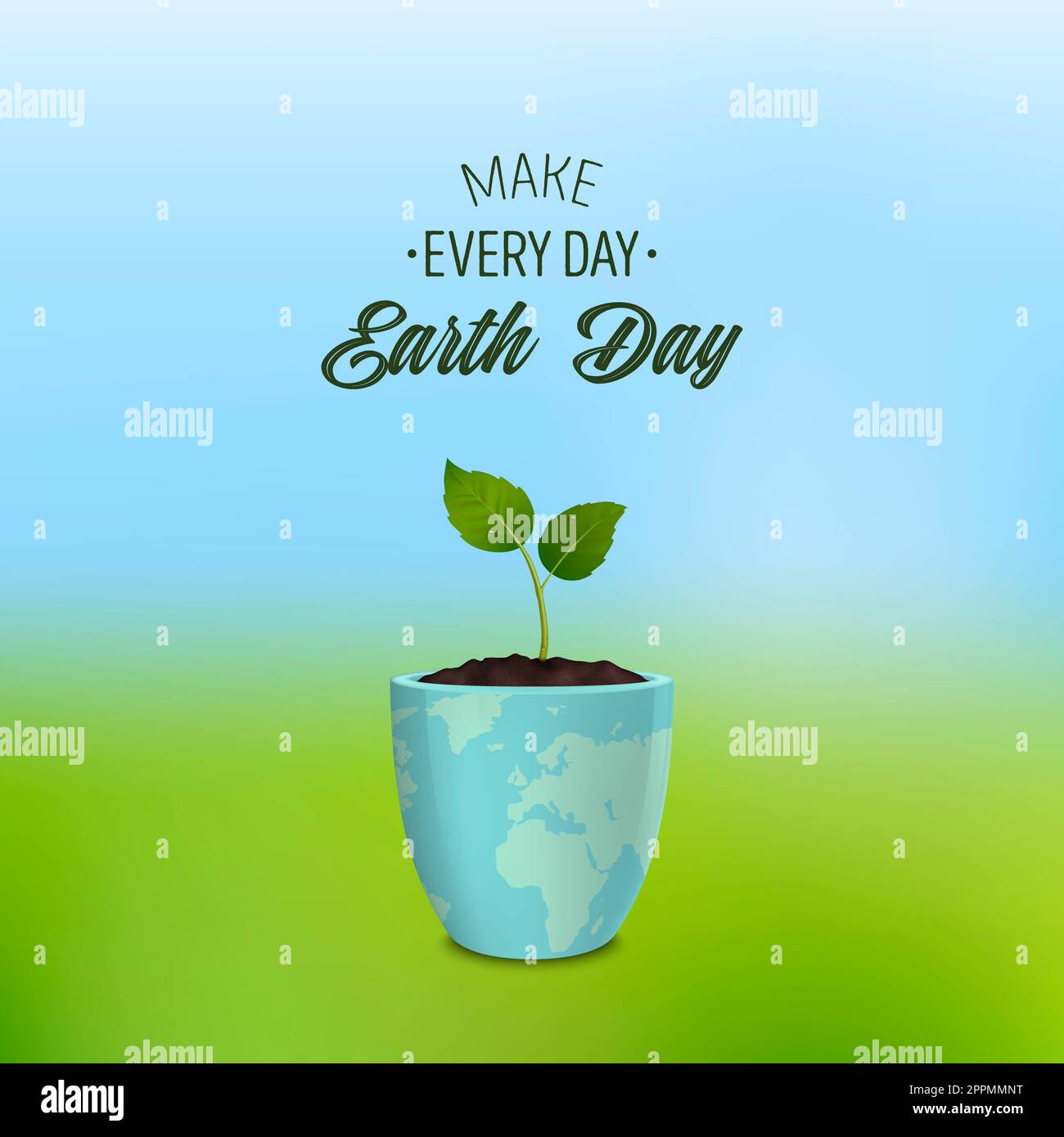 Rendi ogni giorno la giornata della Terra - sfondo con citazione. Concetto di ecologia. Earth Day, Save the Earth o Green Day. Banner vettoriale con germoglio in un vaso di fiori con un'impronta della Terra. EPS10. Foto Stock