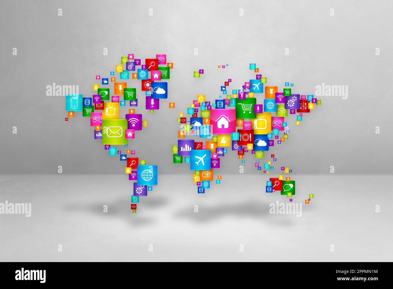 Mappa del mondo composta da icone delle app desktop Foto Stock