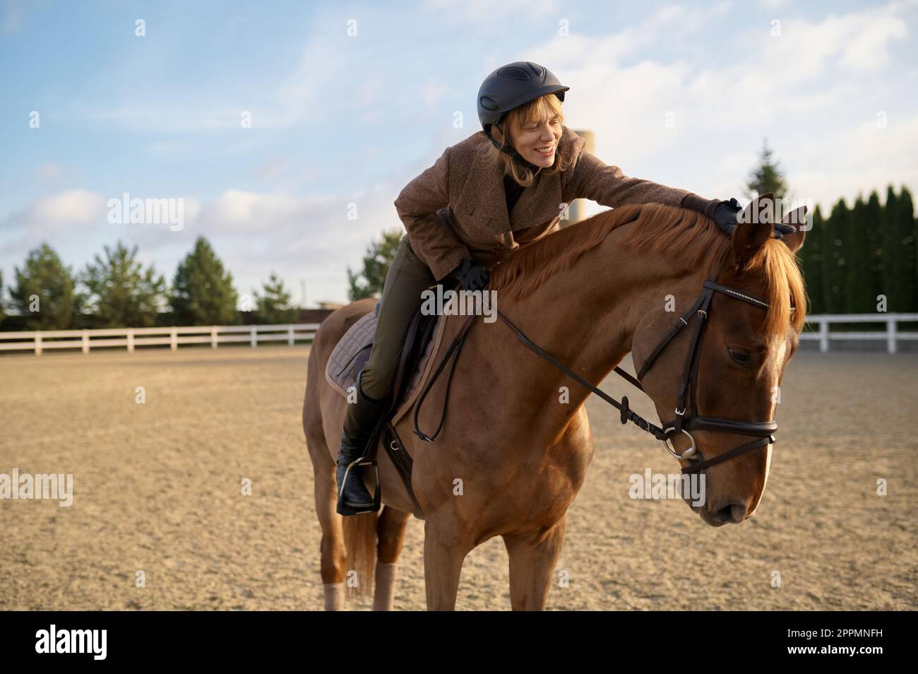 Allenatore di cavalli femminile con il suo stallone all'aperto in fattoria Foto Stock