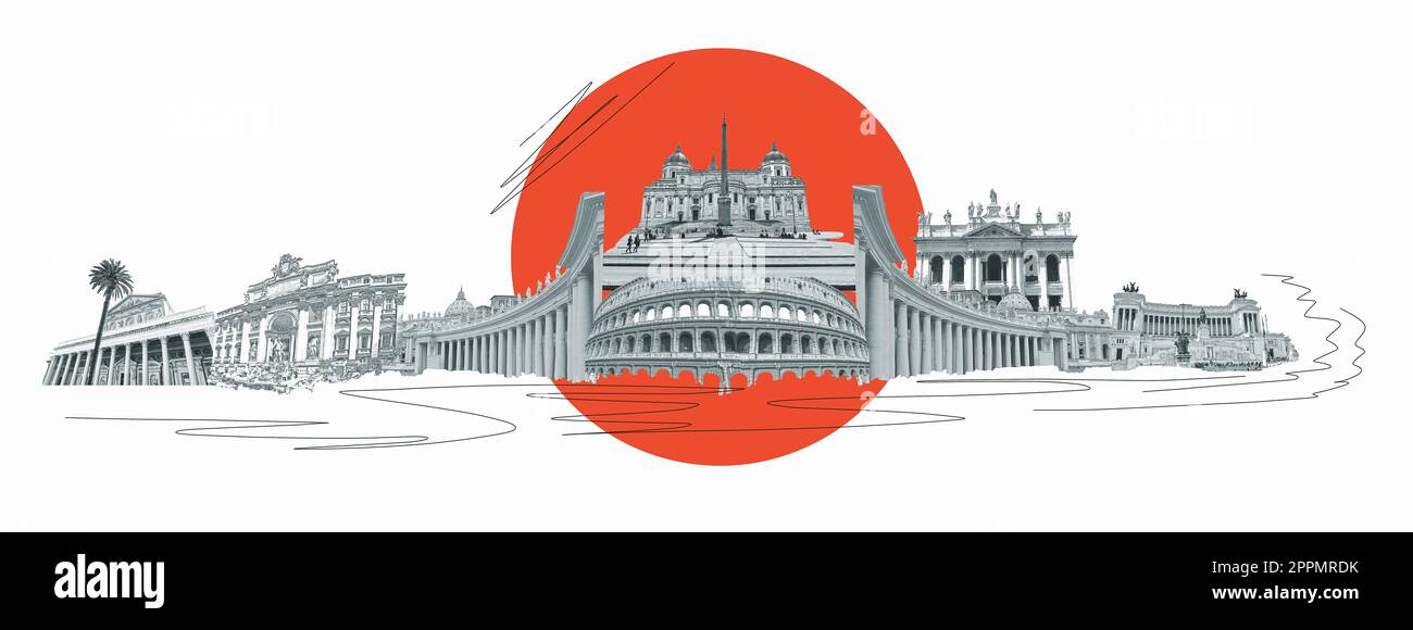 Collage dei famosi monumenti di Roma. Il design artistico dalle migliori vedute di Roma, Italia, Europa. Foto Stock
