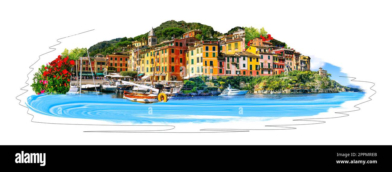 Bella Baia con case colorate a Portofino Liguria, Italia Foto Stock