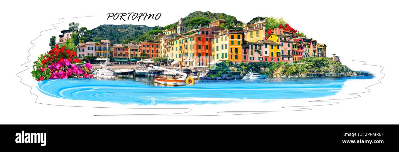 Bella Baia con case colorate a Portofino Liguria, Italia Foto Stock