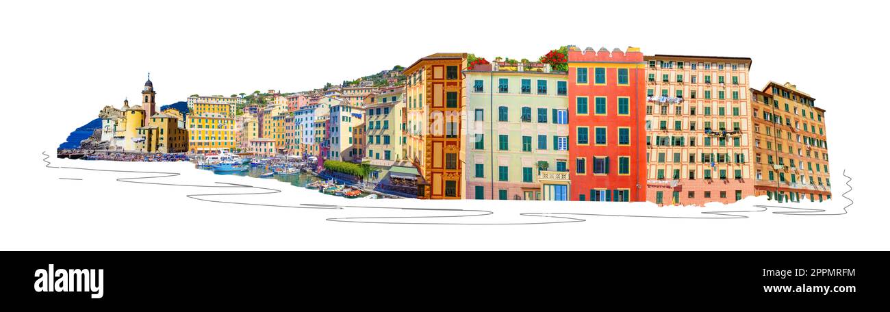 Gli edifici colorati e Spiaggia di Camogli su soleggiate giornate estive, Liguria Foto Stock Gli edifici colorati e Spiaggia di Camogli su soleggiate giornate estive, Liguria Foto Stock