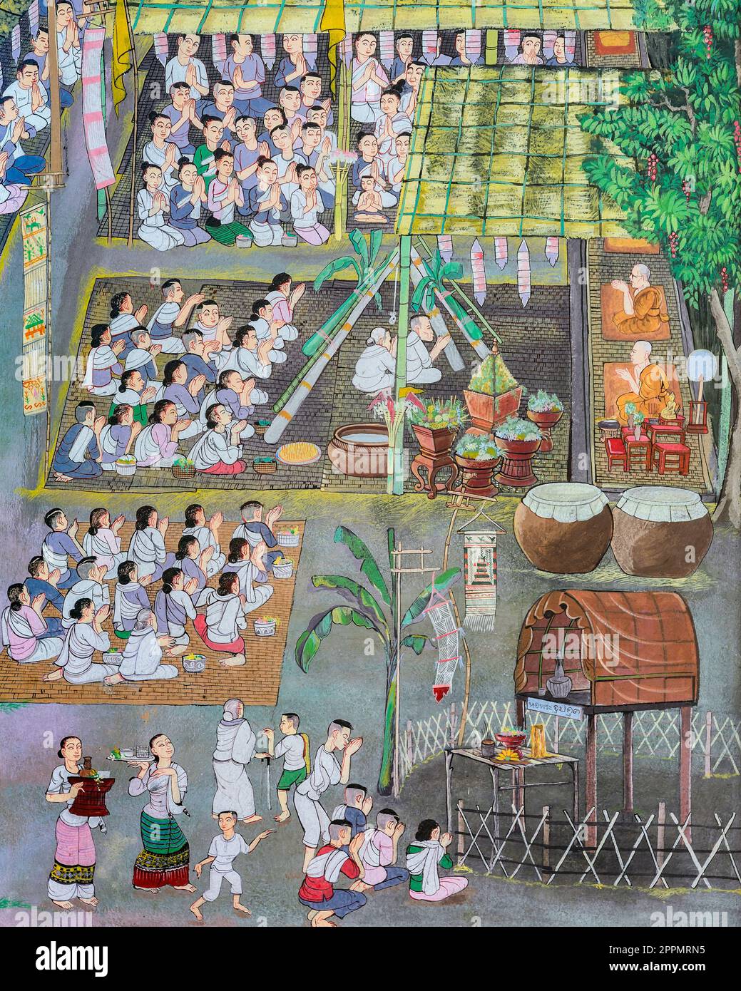 Antica pittura murale in stile Lanna Tailandese del festival buddista Foto Stock