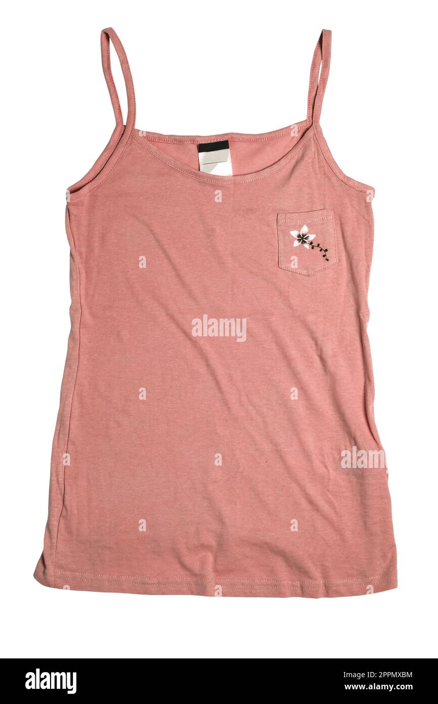 Camicia senza maniche isolata. Camicia o t-shirt per bambina da vicino con nastri rosa sul retro, isolata su sfondo bianco. Tracciato di ritaglio. Moda per bambini. Foto Stock