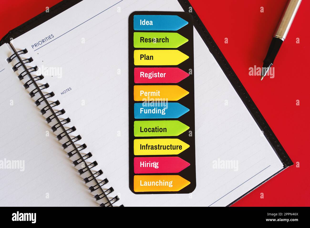 "Colorful Sticky Notes for Business" - note adesive colorate su sfondo rosso con un diario e una penna per le fasi aziendali essenziali. Foto Stock