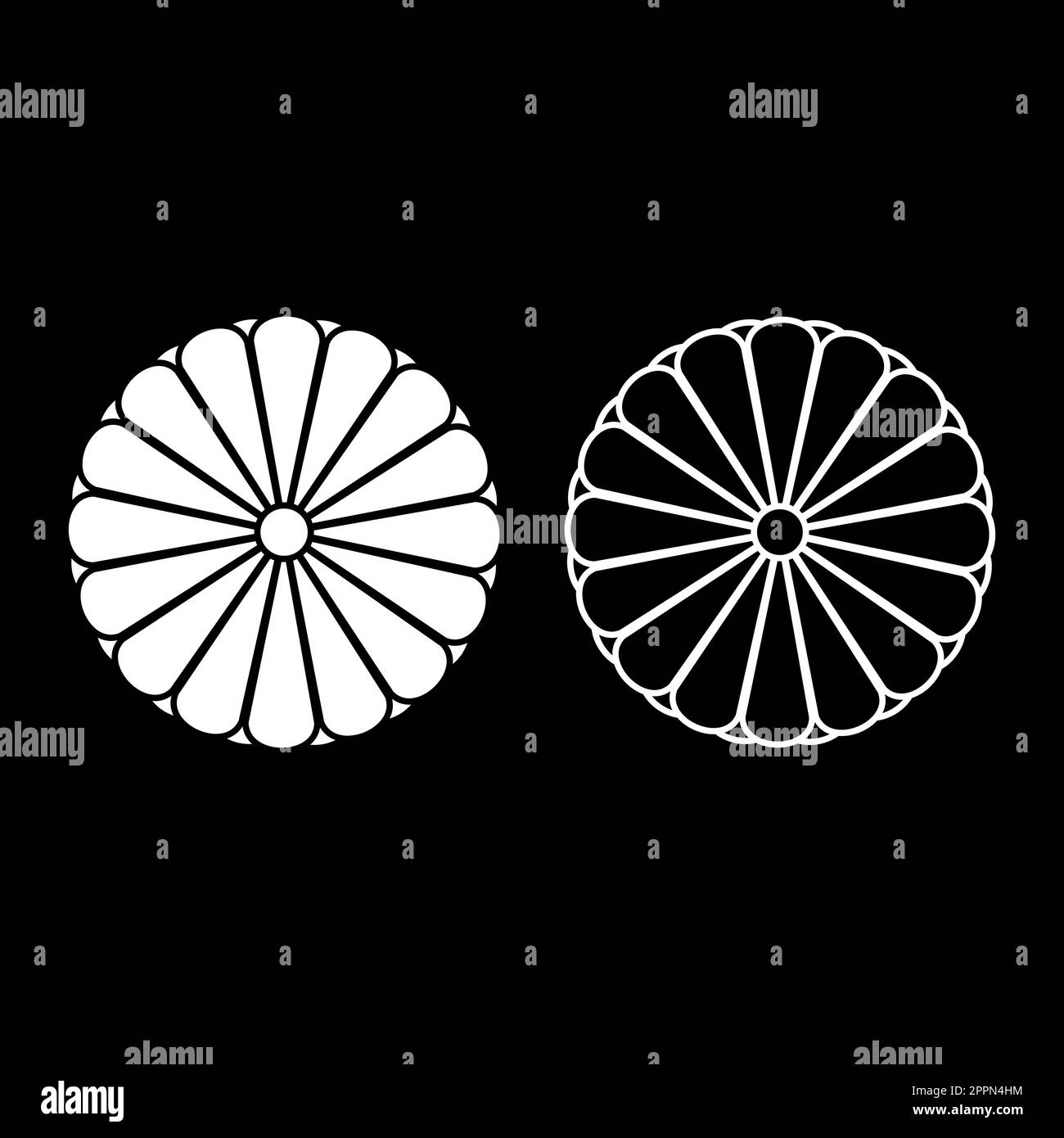 Stemma giapponese nippon Imperial Seal disco centrale con 16 petali stemma nazionale set icona bianco colore vettore illustrazione immagine riempimento pieno contorno linea sottile piatto Illustrazione Vettoriale