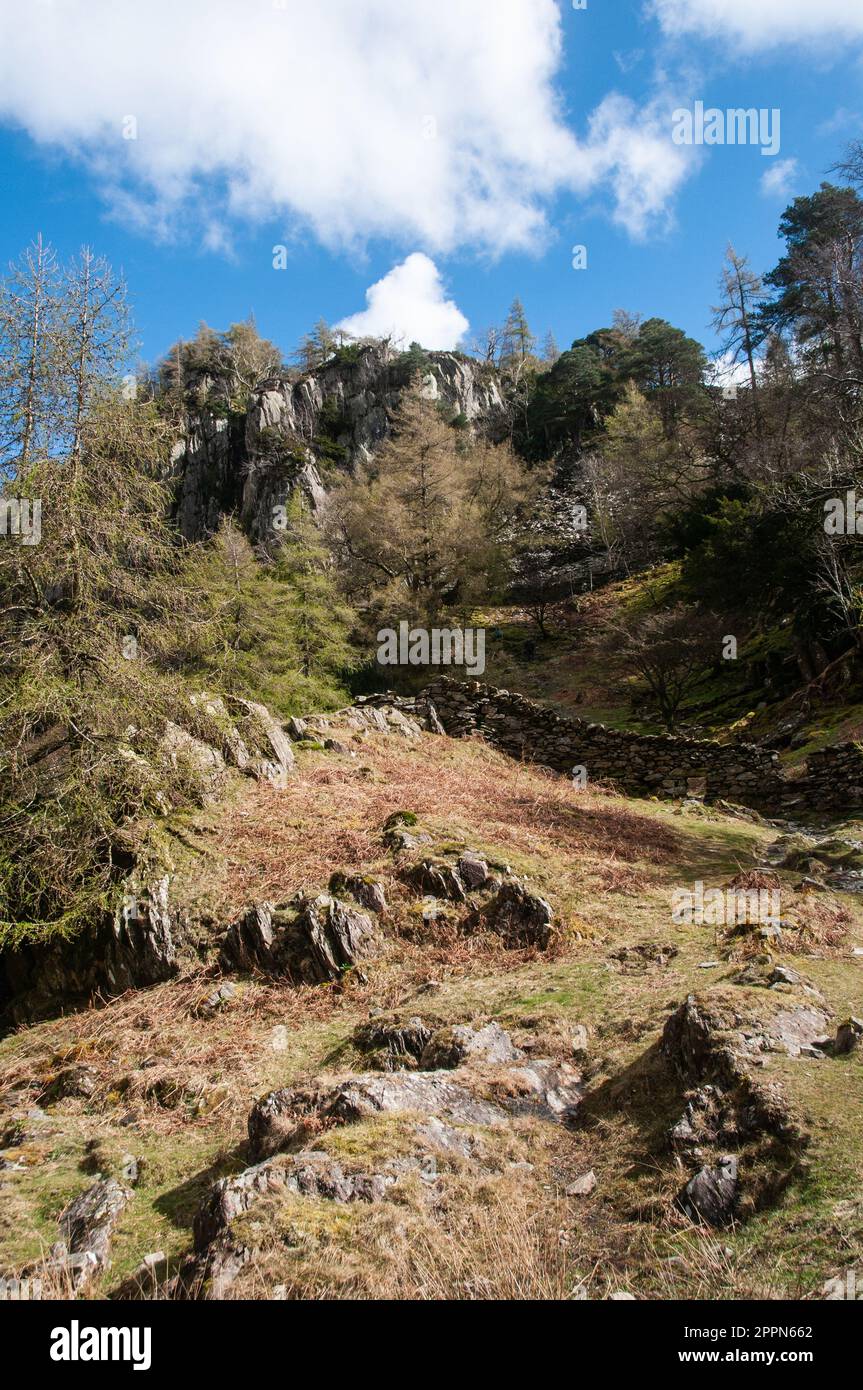 Giro del Regno Unito - viste catturate su un percorso dal Borrowdale Hotel, passando Castle Cragg, a Seatoller, Lake District, Regno Unito Foto Stock