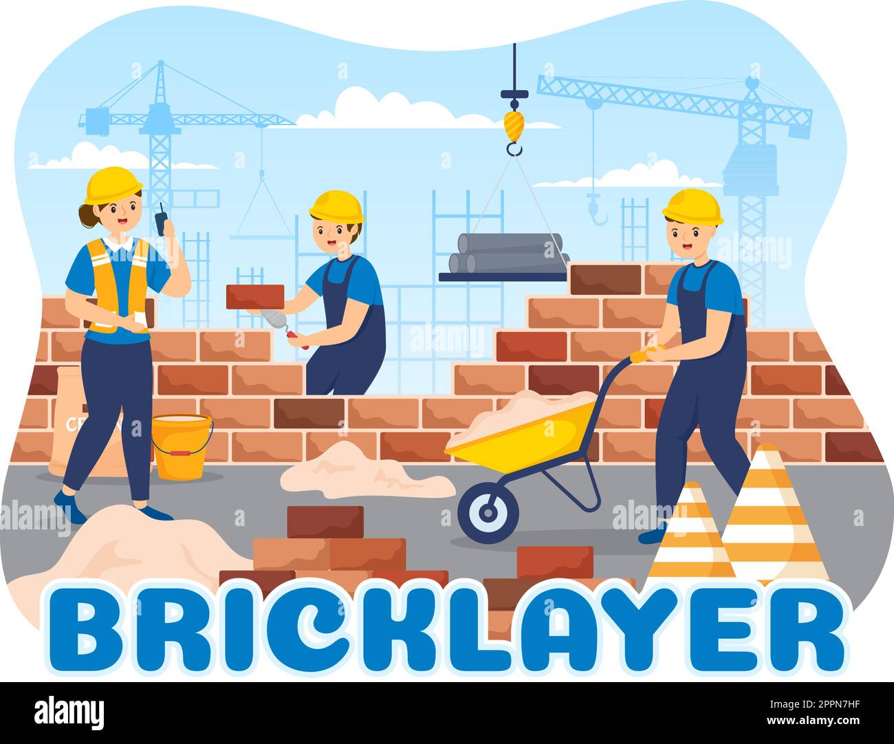 Illustrazione di un lavoratore su muratore con persone costruzione e posa di mattoni per la costruzione di un muro in cartoon piano modelli di landing page disegnati a mano Illustrazione Vettoriale