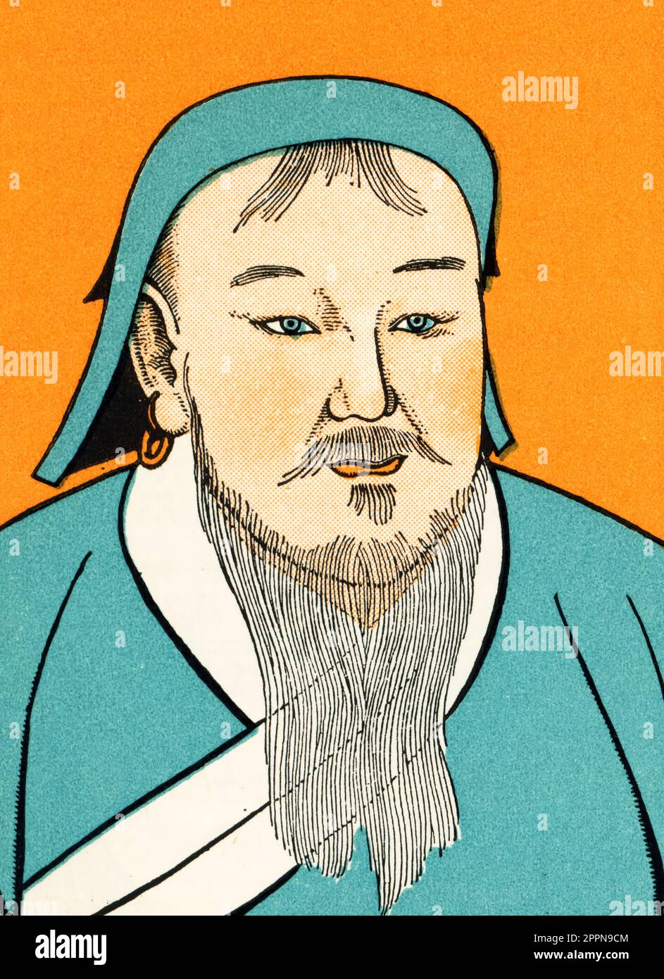Genghis Khan (c1162-1227). Dopo un ritratto del 14th° secolo. Genghis Khan (c1162-1227), fu il fondatore e primo khagan dell'Impero Mongolo, che in seguito divenne il più grande impero terrestre contiguo della storia. Foto Stock