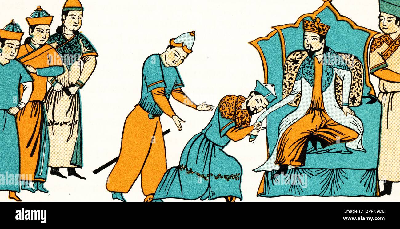 Genghis Khan (c1162-1227) riceve omaggio da un vassallo. Dopo un'illuminazione manoscritta persiana. Foto Stock