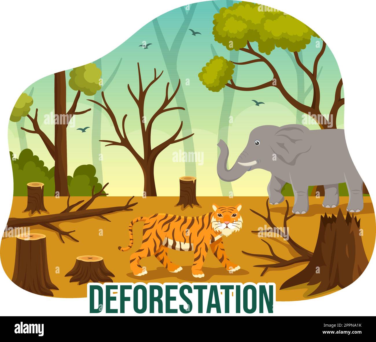 Deforestazione Illustrazione con albero nella foresta abbattuto e bruciando in inquinamento causando l'estinzione di animali in Cartoon modelli disegnati a mano Illustrazione Vettoriale