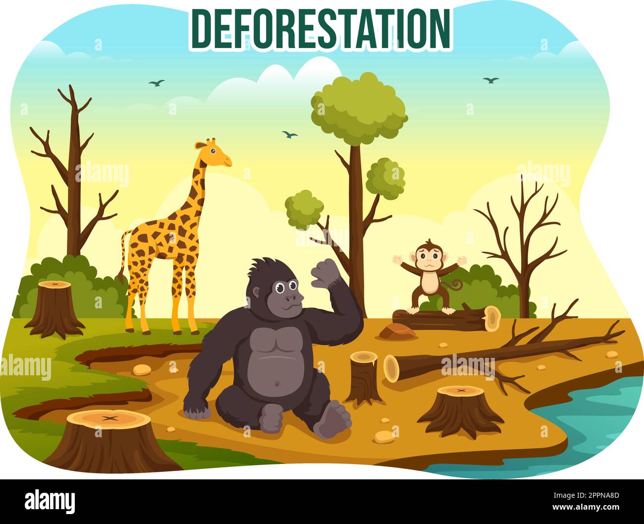 Deforestazione Illustrazione con albero nella foresta abbattuto e bruciando in inquinamento causando l'estinzione di animali in Cartoon modelli disegnati a mano Illustrazione Vettoriale