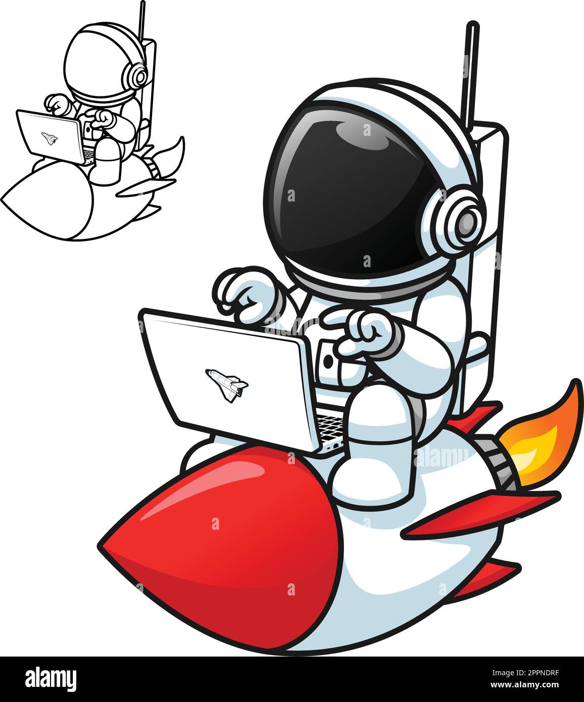 Carino astronauta giocare laptop su Rocket con Black and White Line Art Drawing Illustrazione Vettoriale