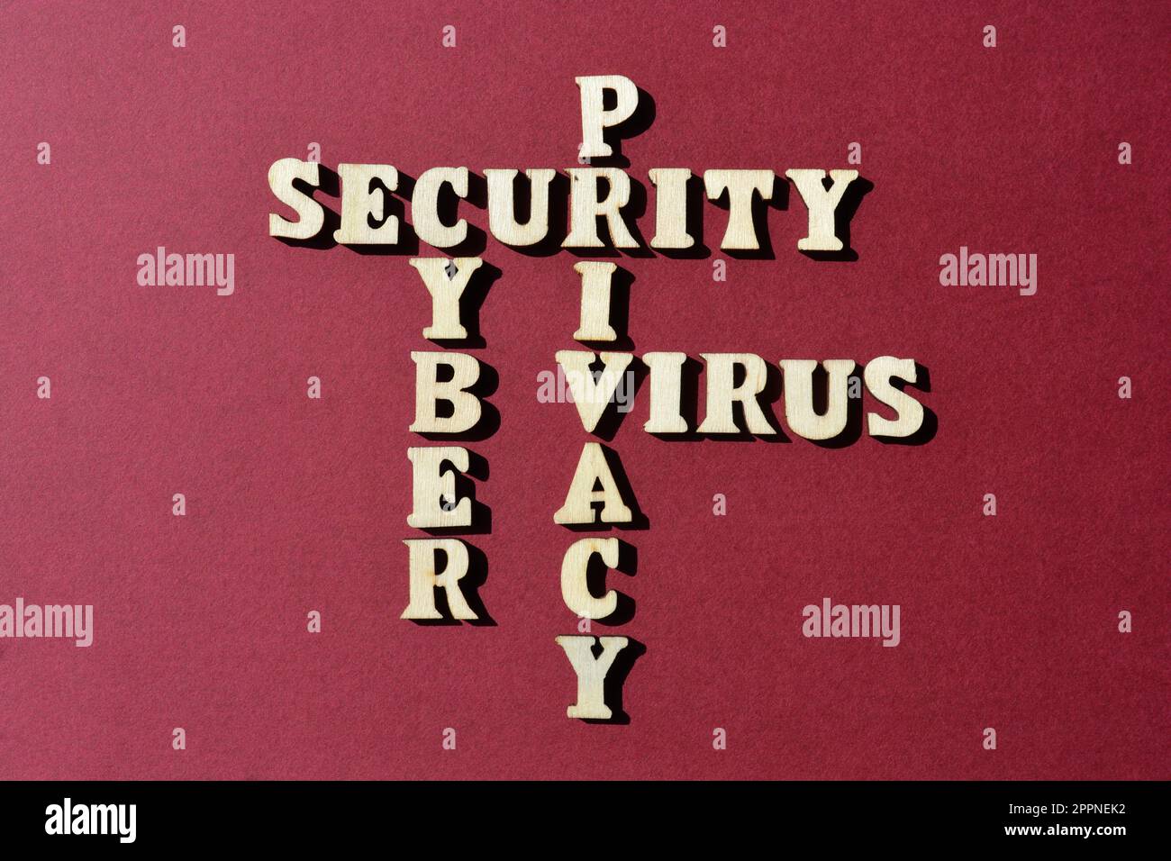 Cyber, sicurezza, privacy, virus, parole in lettere alfabetiche di legno in forma di lettere incrociate isolate sullo sfondo Foto Stock
