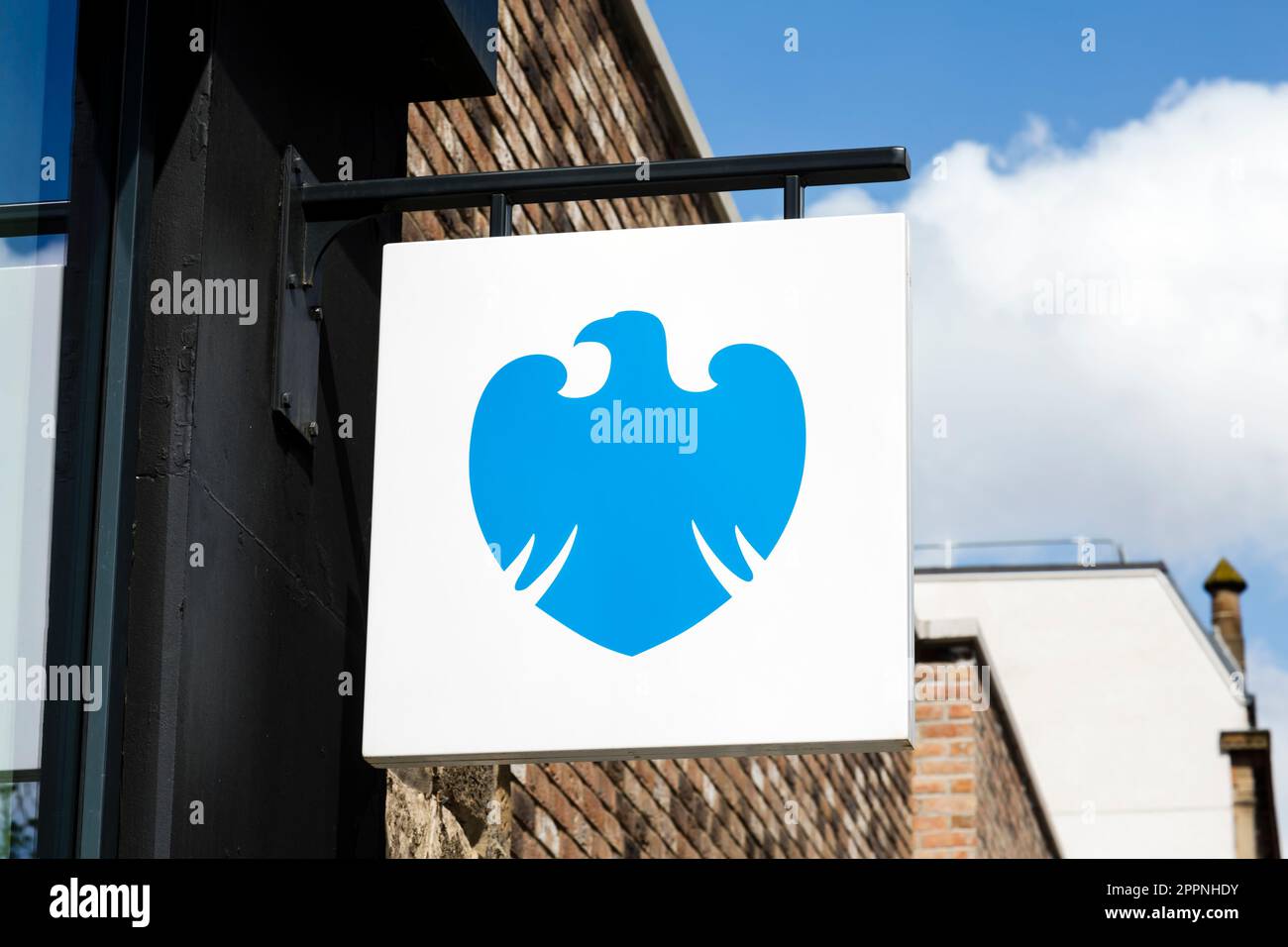 Cartello della filiale di Barclays Bank, Scozia, Regno Unito, Europa Foto Stock