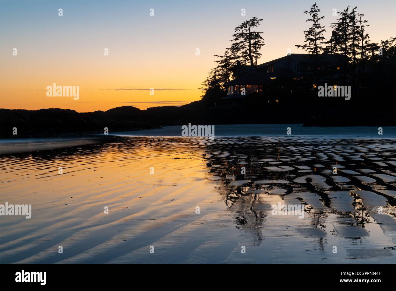 Chesterman Beach al tramonto, Tofino, Vancouver Island, British Columbia, Canada. Foto Stock