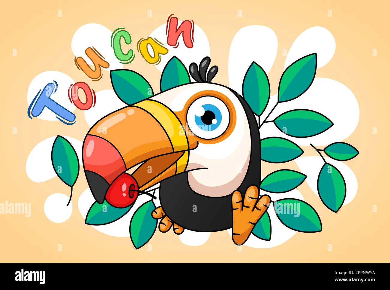 Cute uccello Toucan con pianta sfondo Illustrazione Vettoriale