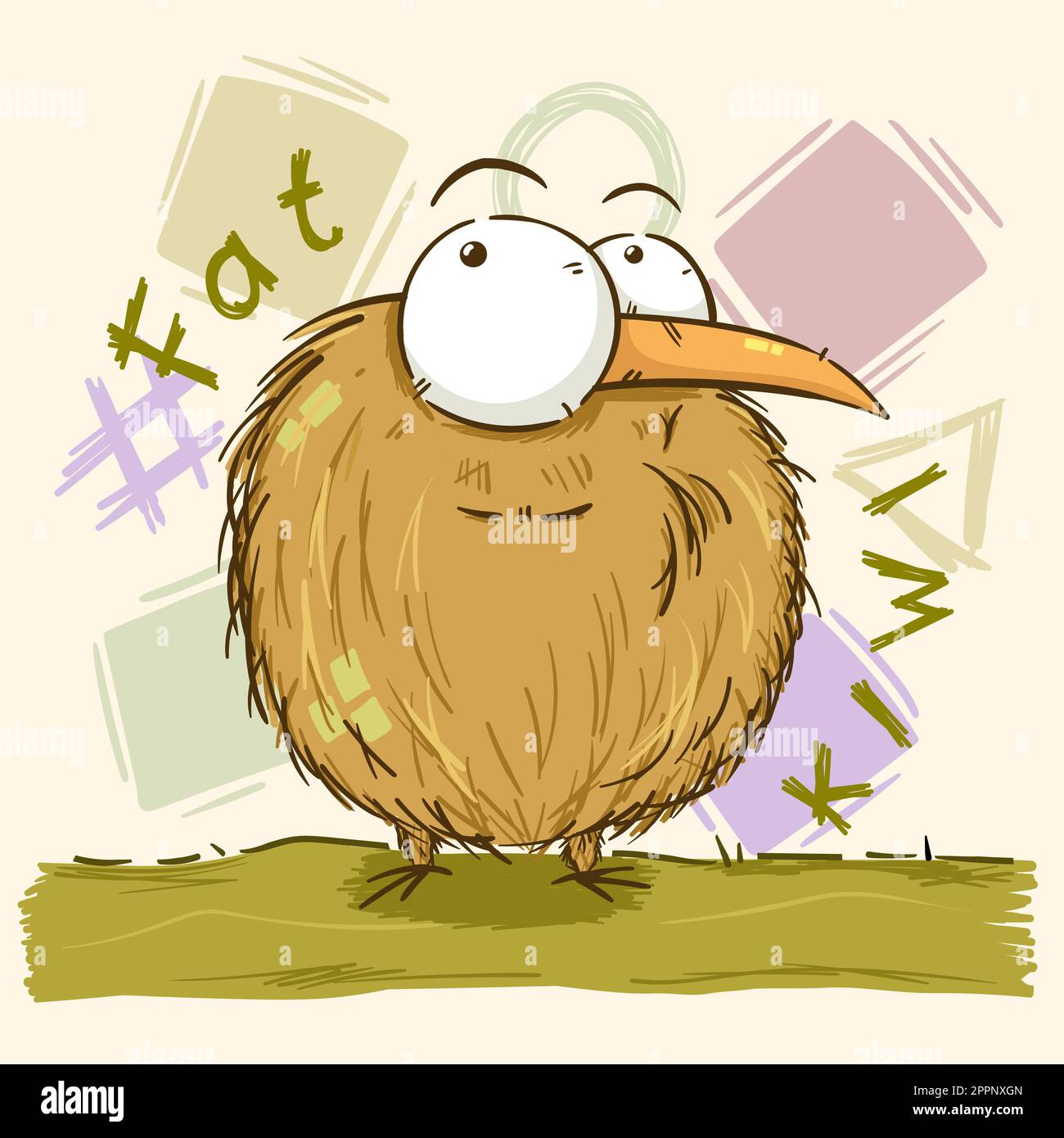 Divertente Kiwi Fat Bird stile disegnato a mano Illustrazione Vettoriale