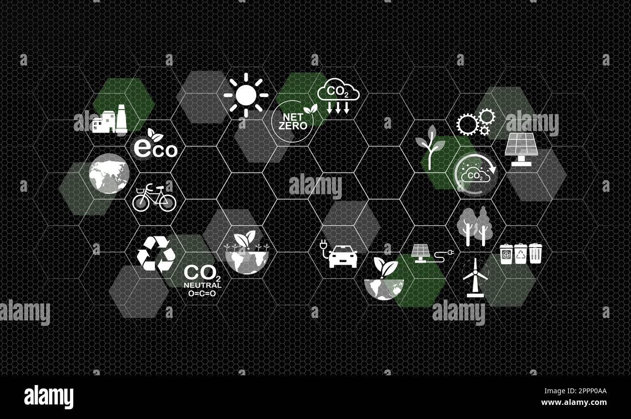 Concetto zero netto e neutro al carbonio sfondo. Obiettivi aziendali e tecnologici sostenibili e rispettosi dell'ambiente incentrati sulla riduzione delle emissioni, Foto Stock