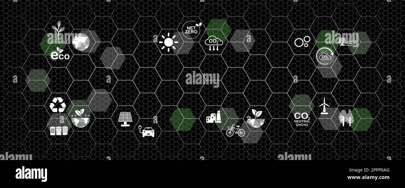 Concetto zero netto e neutro al carbonio sfondo. Obiettivi aziendali e tecnologici sostenibili e rispettosi dell'ambiente incentrati sulla riduzione delle emissioni, Foto Stock