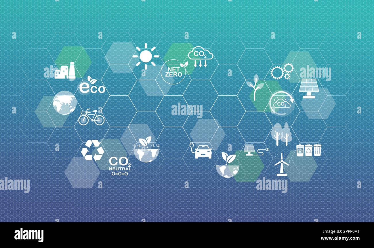 Concetto zero netto e neutro al carbonio sfondo. Obiettivi aziendali e tecnologici sostenibili e rispettosi dell'ambiente incentrati sulla riduzione delle emissioni, Foto Stock