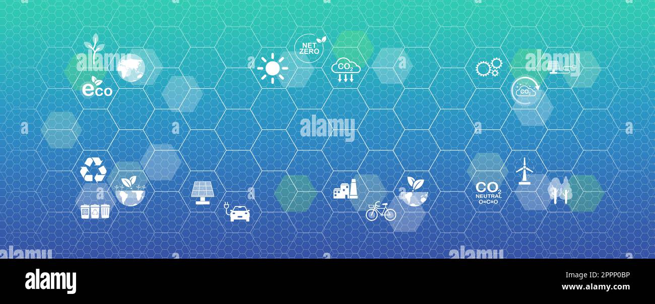 Concetto zero netto e neutro al carbonio sfondo. Obiettivi aziendali e tecnologici sostenibili e rispettosi dell'ambiente incentrati sulla riduzione delle emissioni, Foto Stock