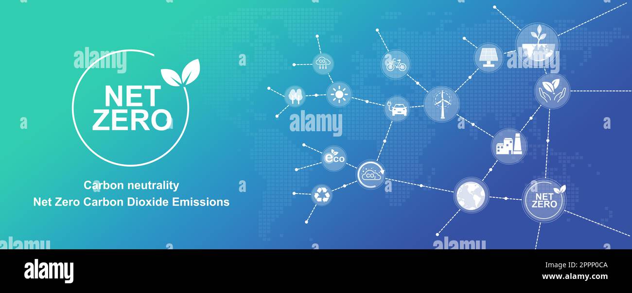 Concetto zero netto e neutro al carbonio sfondo. Obiettivi aziendali e tecnologici sostenibili e rispettosi dell'ambiente incentrati sulla riduzione delle emissioni, Foto Stock