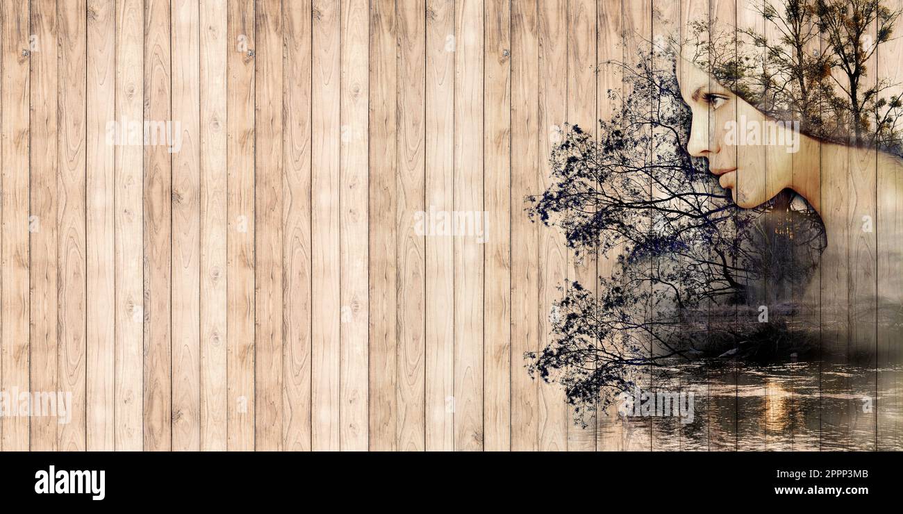 carta da parati marrone caldo con struttura in legno e una bella faccia di una ragazza e rami di albero in nero Foto Stock