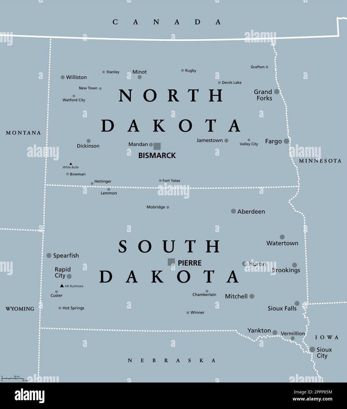 Dakotas, stati Uniti North Dakota e South Dakota, mappa politica grigia Illustrazione Vettoriale