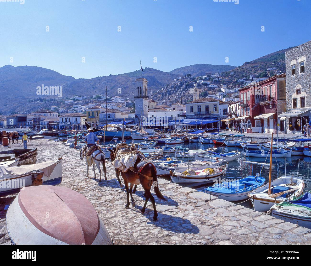 Vista del porto, Hydra Town, Hydra, le isole Saroniche, Attica, Grecia Foto Stock
