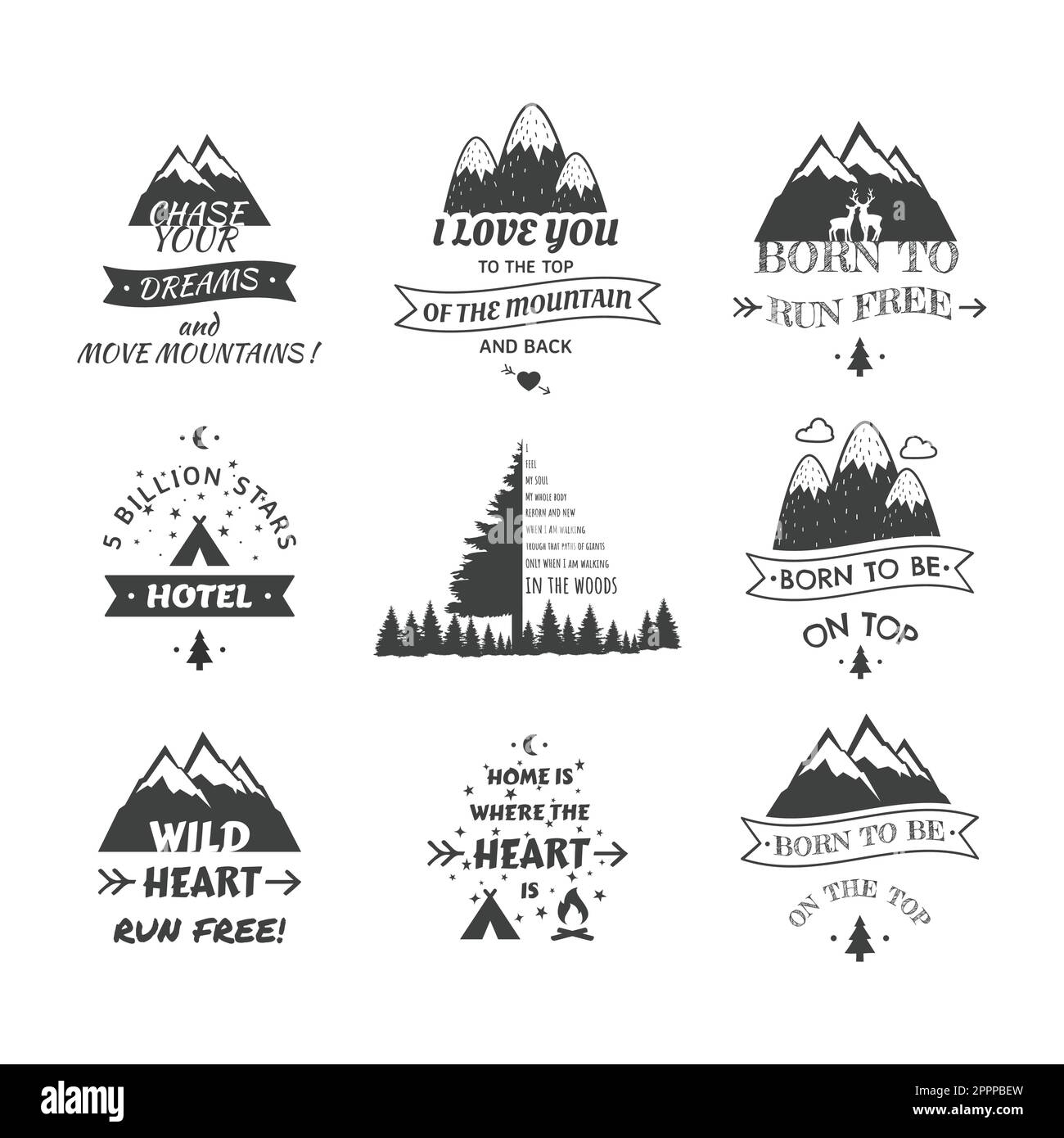 Slogan per escursioni in montagna e per maglietta o logo Illustrazione Vettoriale