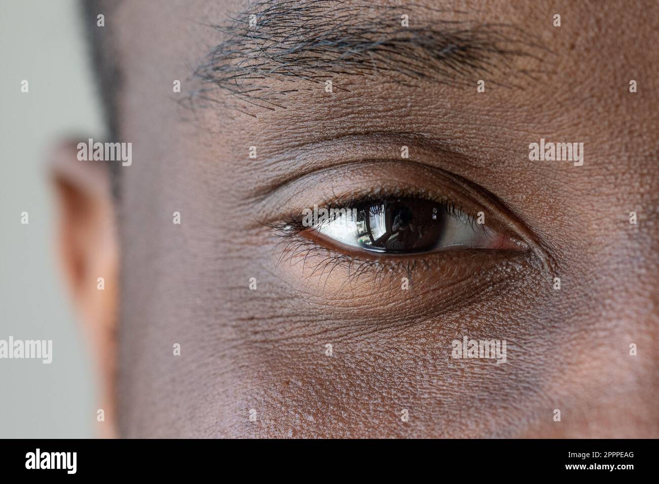 Primo piano del volto di un uomo africano. Macro occhio con iride nero. Dettagli ravvicinati e caratteristiche maschili visibili. Ciglia e sopracciglia in ordine. Foto Stock