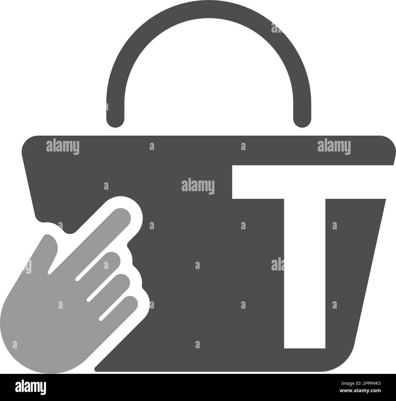 Shopping bag online, cursore fare clic sull'icona mano con la lettera T. Illustrazione Vettoriale