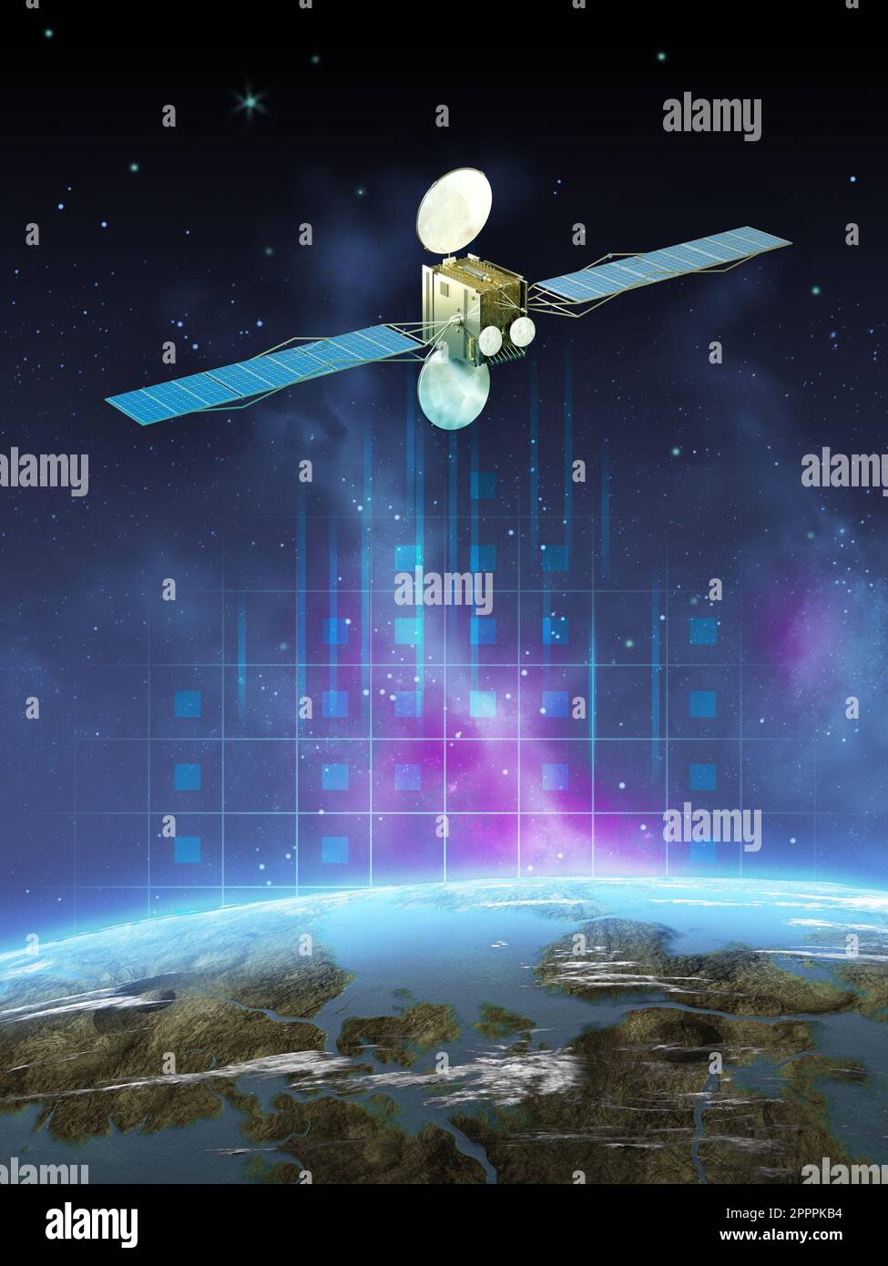 Moderno satellite di comunicazione fluttuante nello spazio, vicino a un pianeta simile alla Terra.Illustrazione digitale, rendering 3D. Foto Stock