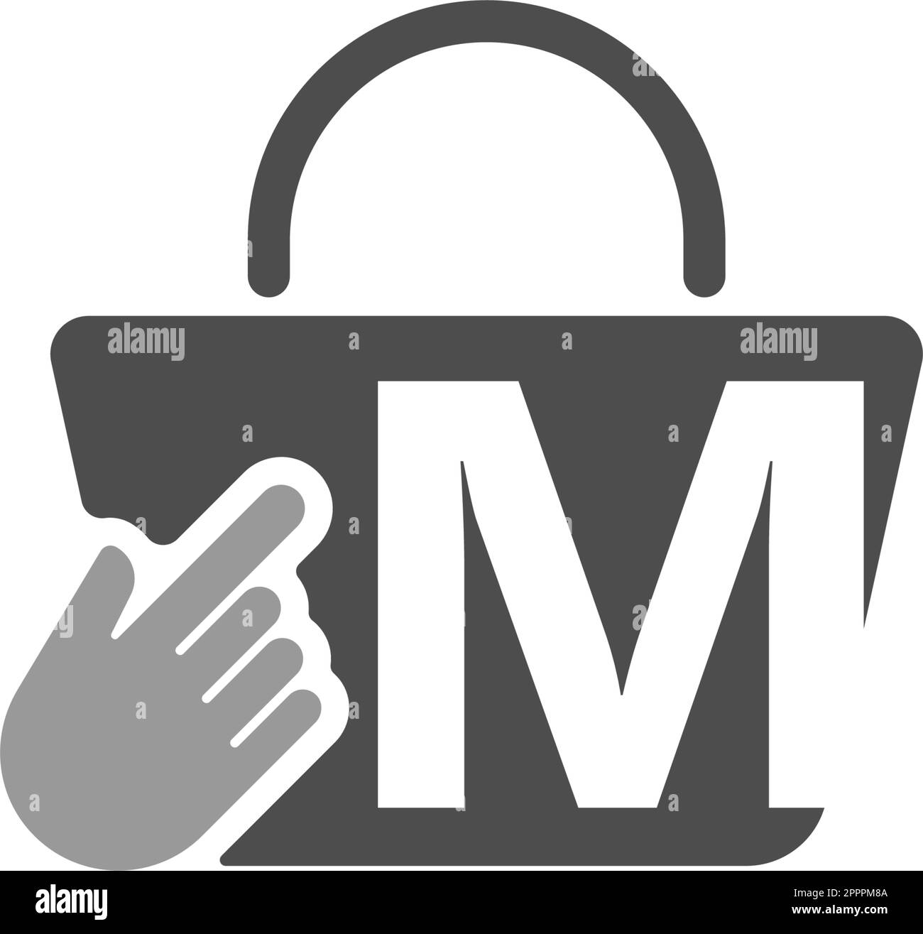 Shopping bag online, cursore fare clic sull'icona mano con la lettera M. Illustrazione Vettoriale