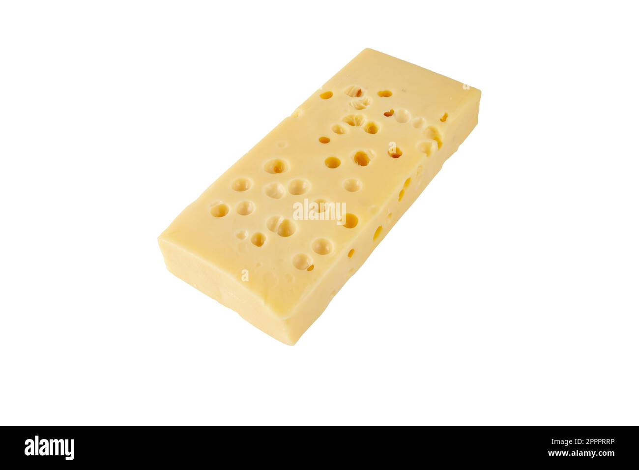 Formaggio svizzero isolato su bianco. Pezzo giallo Emmental o emmentaler con occhi o fori rotondi. Foto Stock