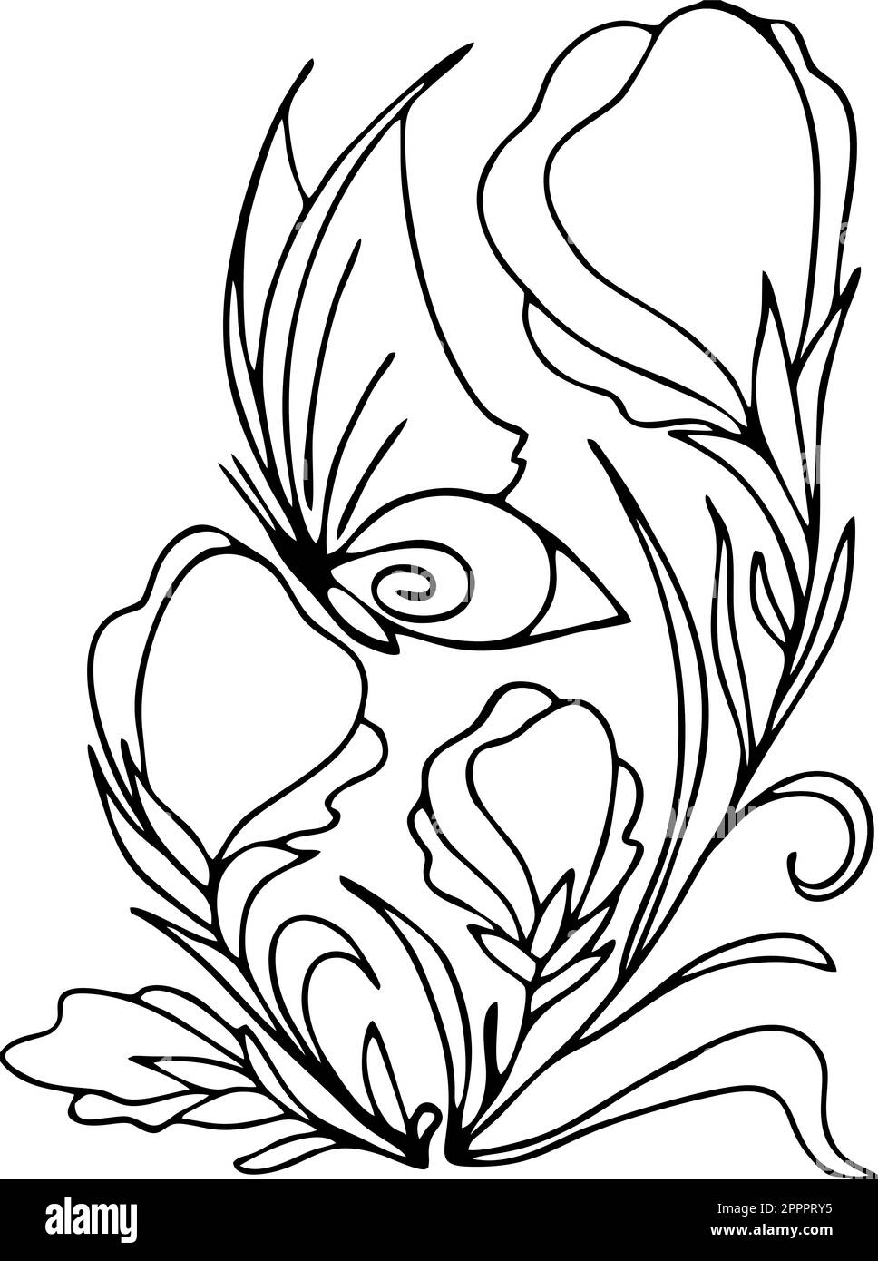 disegno grafico a contorno nero di un bouquet di fiori su sfondo bianco, disegno Foto Stock