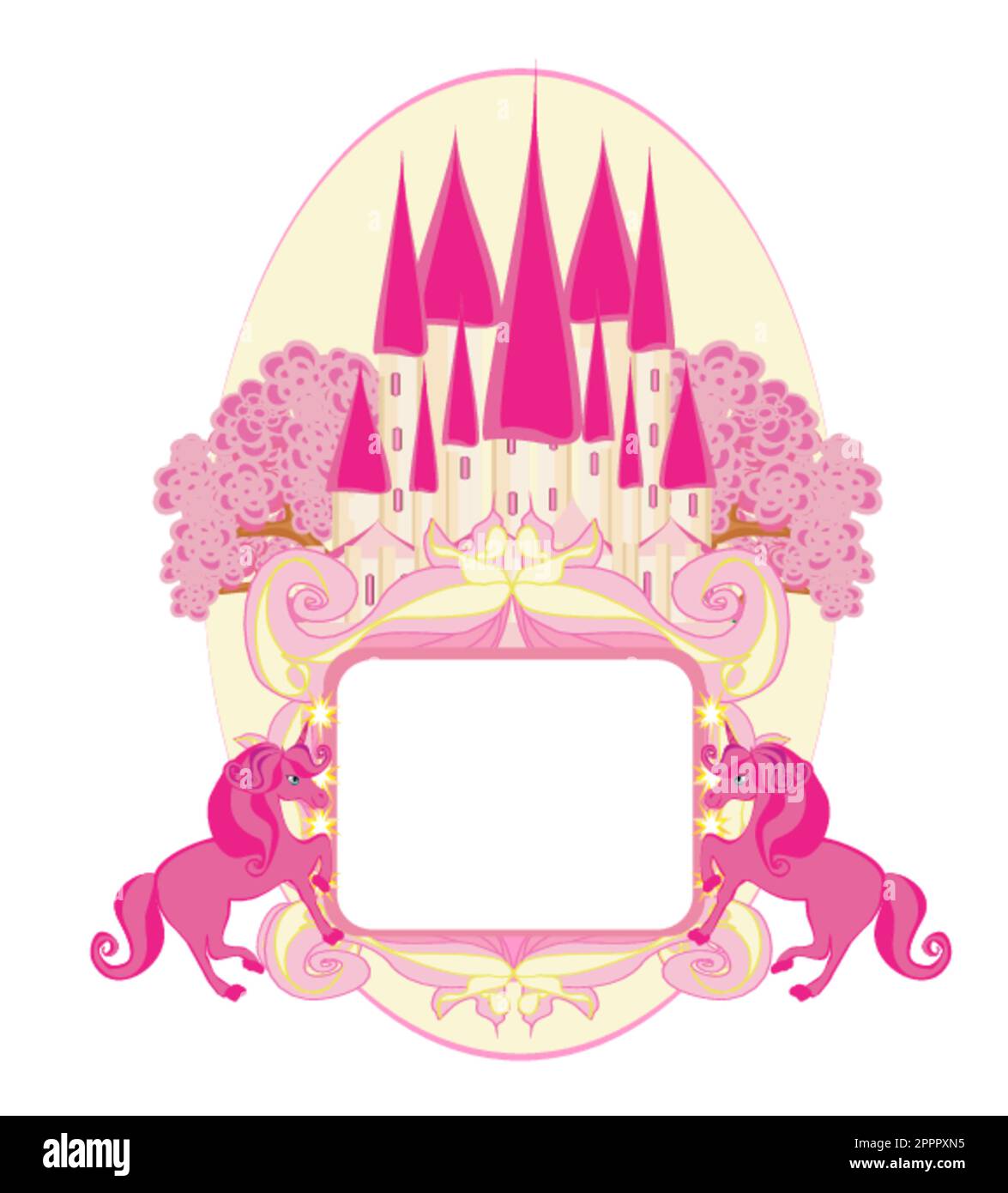 terra magica fiaba - carta decorativa con un castello e belle unicorni rosa Illustrazione Vettoriale