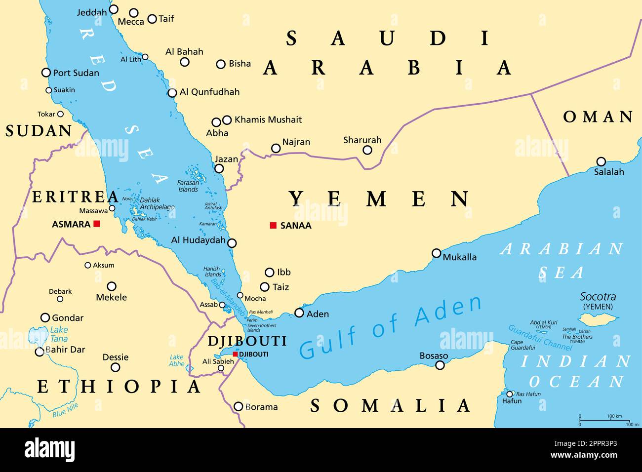 Area del Golfo di Aden, che collega il Mar Rosso con il Mar Arabico, mappa politica Illustrazione Vettoriale