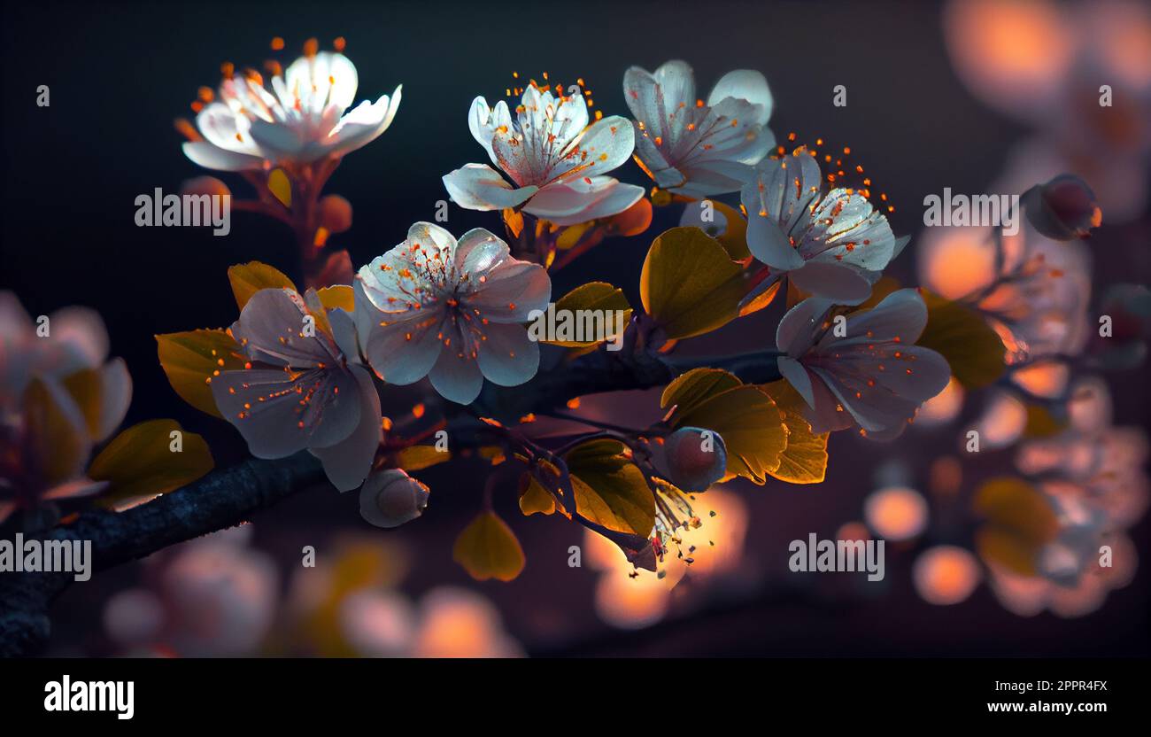 Questa foto di scorta presenta un ramo in fiore di ciliegio illuminato da una calda luce arancione e verde Foto Stock