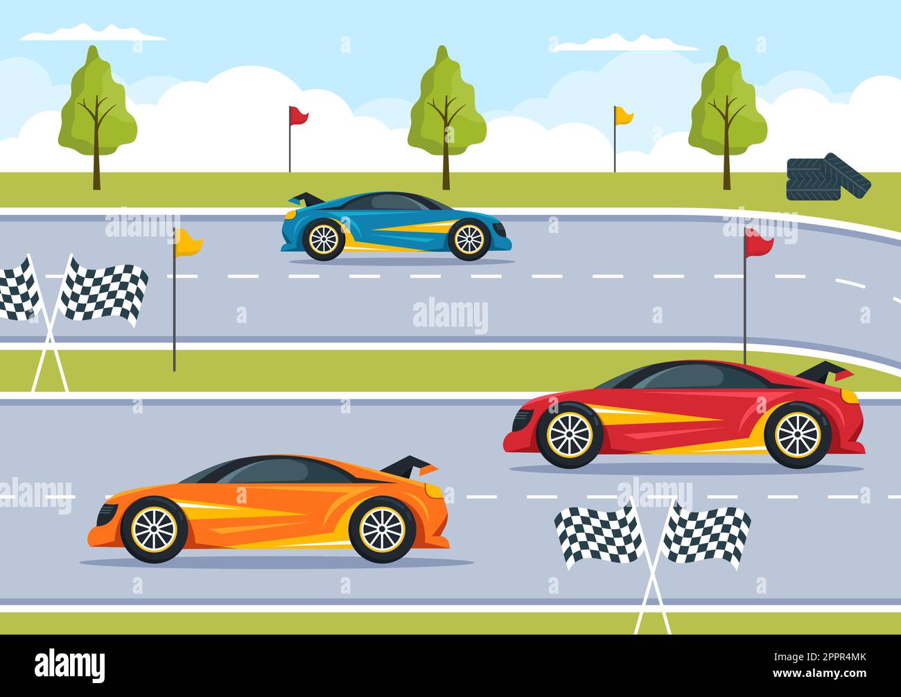 Formula Racing Sport Car raggiungi su Race Circuit la linea di finitura Cartoon Illustrazione per vincere il campionato in Flat Style Design Illustrazione Vettoriale