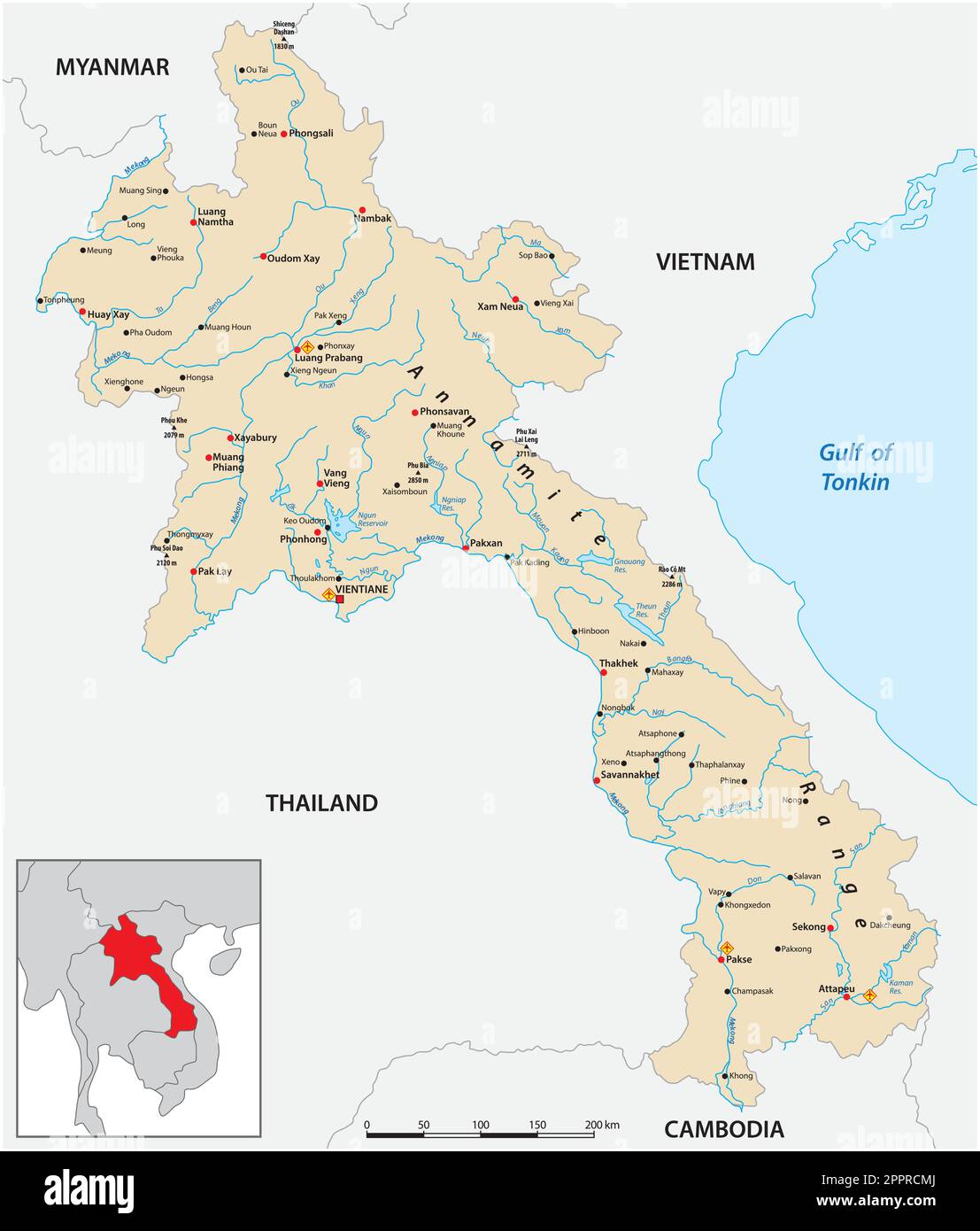 Mappa vettoriale della Repubblica democratica popolare del Laos Illustrazione Vettoriale