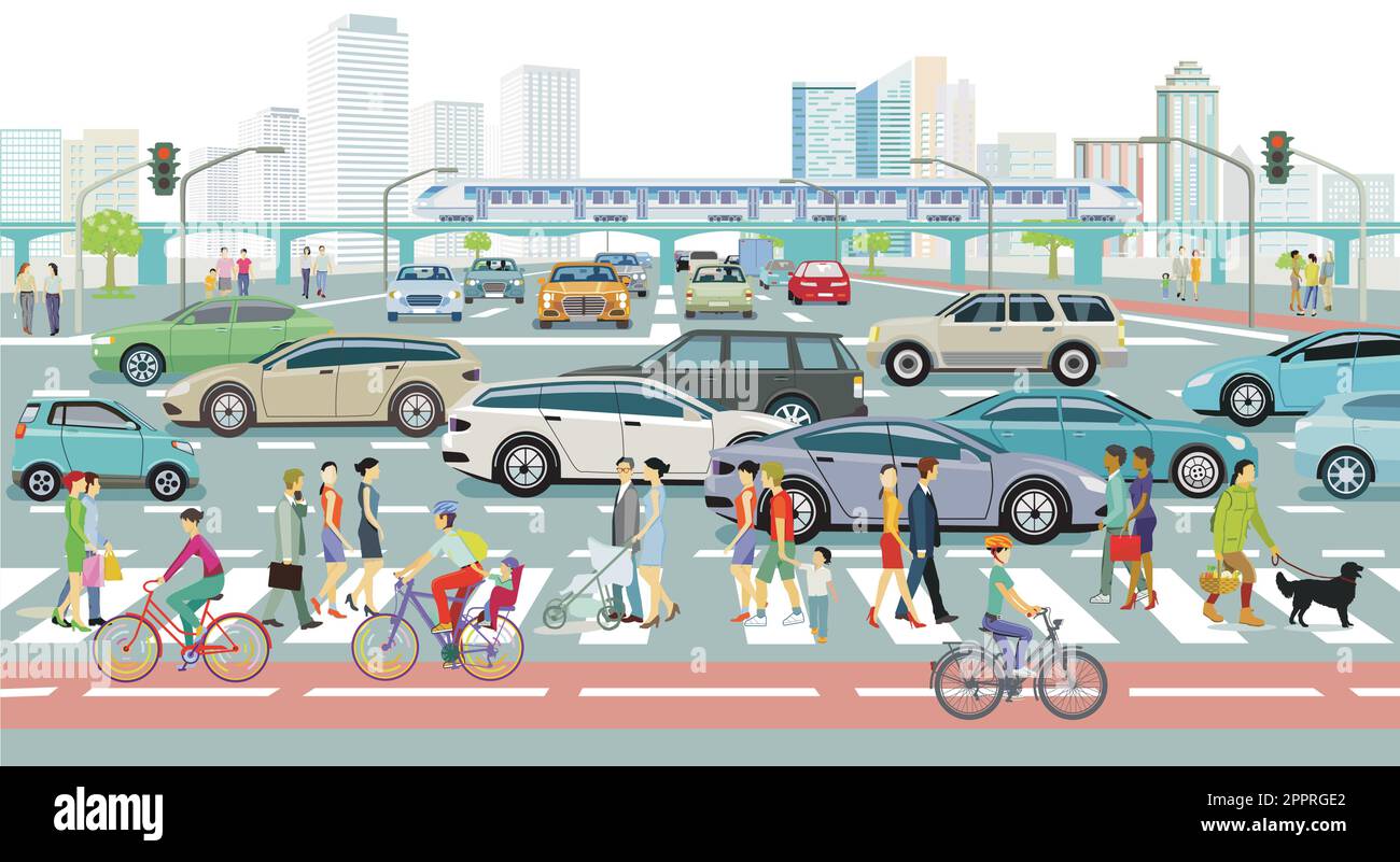 Profilo della città con traffico stradale e pedoni sul passaggio pedonale, illustrazione Illustrazione Vettoriale