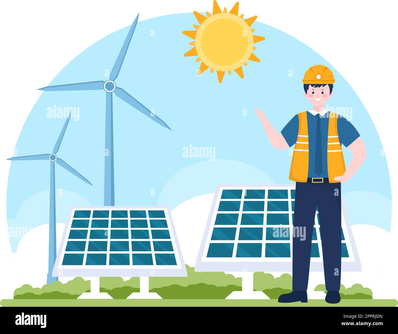 Installazione di energia solare, manutenzione di pannelli o turbine eoliche con il team di Home Service per il funzionamento della rete elettrica in Cartoon Illustrazione Illustrazione Vettoriale